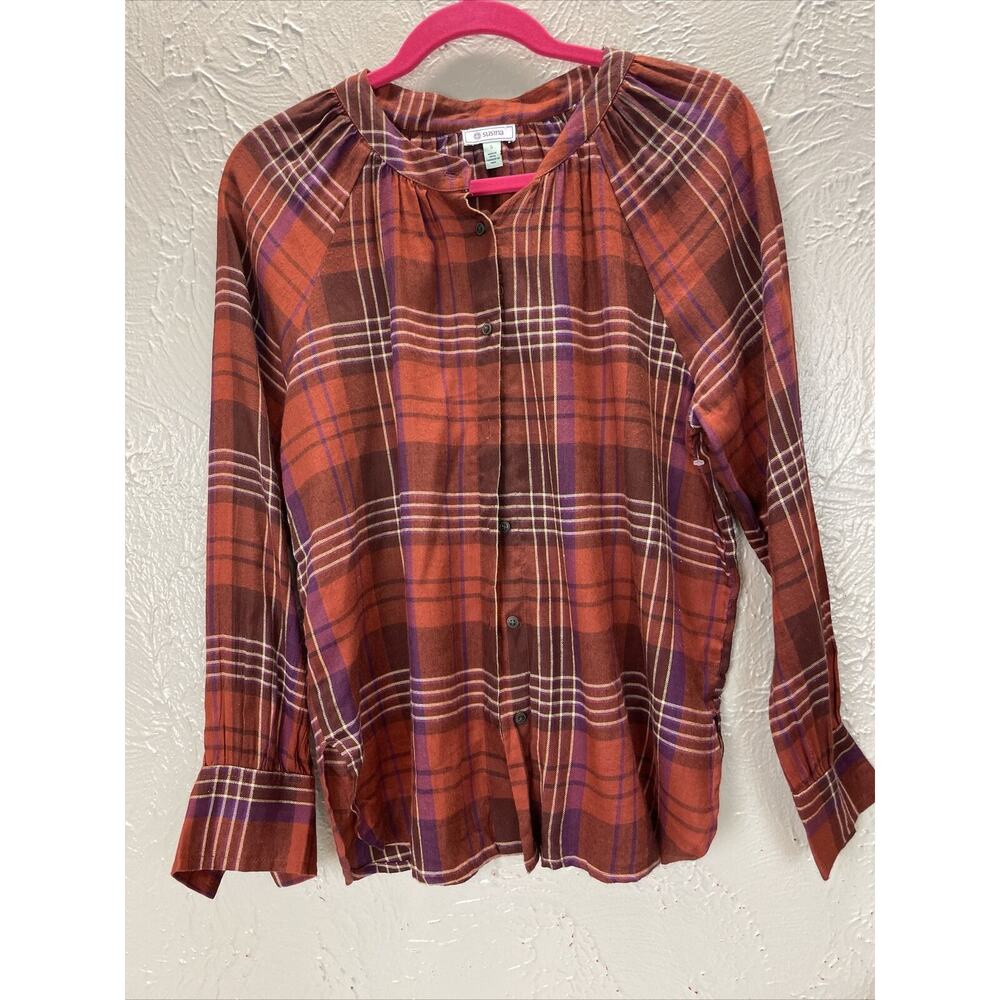 Susina Orange Maroon Flannel Plaid Button Down Raglan Blouse Shirt Size Small